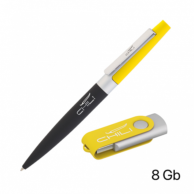 Набор ручка + флеш-карта 8 Гб в футляре, черный/желтый, покрытие soft touch # с логотипом в Балашихе заказать по выгодной цене в кибермаркете AvroraStore