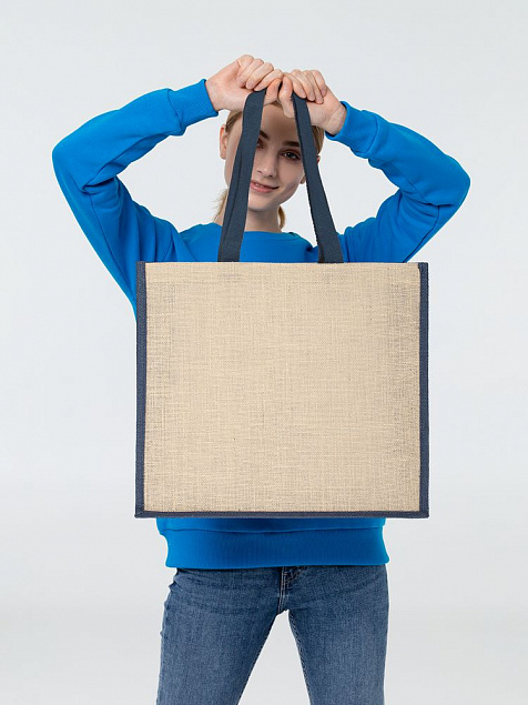 Холщовая сумка для покупок Bagari с синей отделкой с логотипом в Балашихе заказать по выгодной цене в кибермаркете AvroraStore
