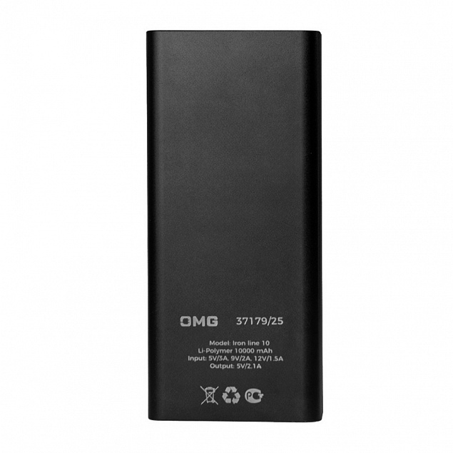 Универсальный аккумулятор OMG Iron line 10 (10000 мАч), металл, черный, 14,7х6.6х1,5 см с логотипом в Балашихе заказать по выгодной цене в кибермаркете AvroraStore
