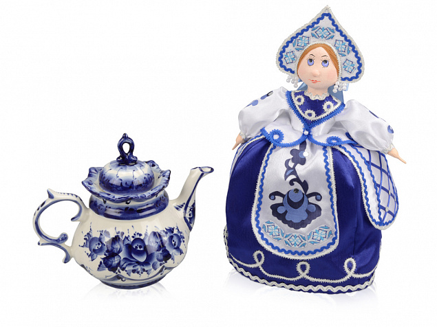 Подарочный набор "Гжель": кукла на чайник, чайник заварной с росписью с логотипом в Балашихе заказать по выгодной цене в кибермаркете AvroraStore