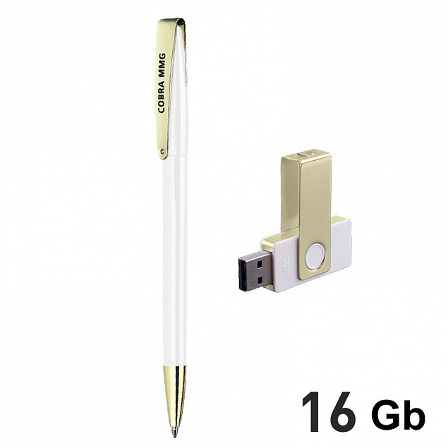 Набор ручка + флеш-карта 16Гб в футляре, белый/золото с логотипом в Балашихе заказать по выгодной цене в кибермаркете AvroraStore