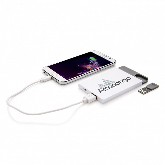 Зарядное устройство с USB–флешкой на 8 ГБ, 2500 mAh, белый с логотипом в Балашихе заказать по выгодной цене в кибермаркете AvroraStore