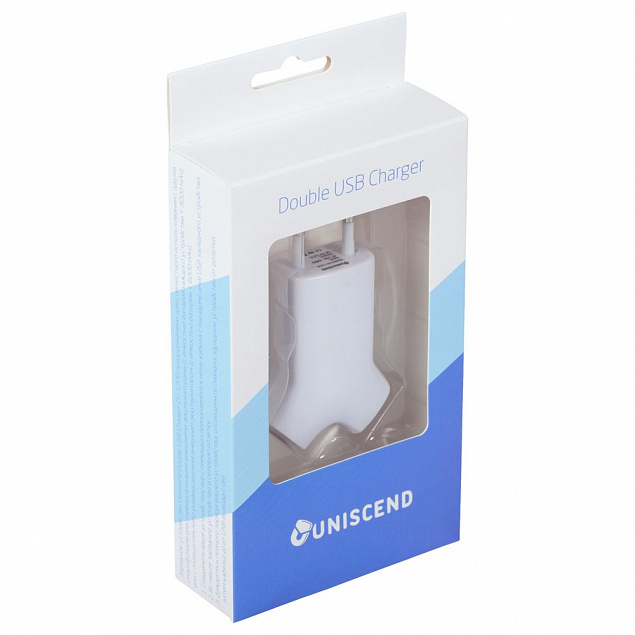 Сетевое зарядное устройство Uniscend Double USB, белое с логотипом в Балашихе заказать по выгодной цене в кибермаркете AvroraStore