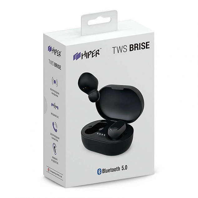 Наушники беспроводные с зарядным боксом BRISE TWS, цвет черный с логотипом в Балашихе заказать по выгодной цене в кибермаркете AvroraStore