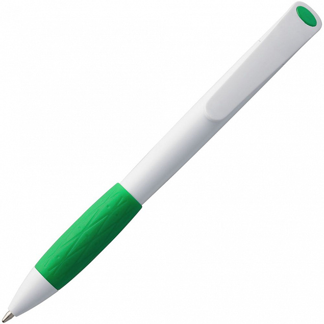 Ручка шариковая Grip, белая с зеленым с логотипом в Балашихе заказать по выгодной цене в кибермаркете AvroraStore