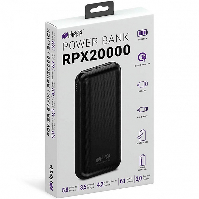 Универсальный аккумулятор RPX20000, QC3.0, PD, TYPE C, емкость 20000 мАч, черный  с логотипом в Балашихе заказать по выгодной цене в кибермаркете AvroraStore