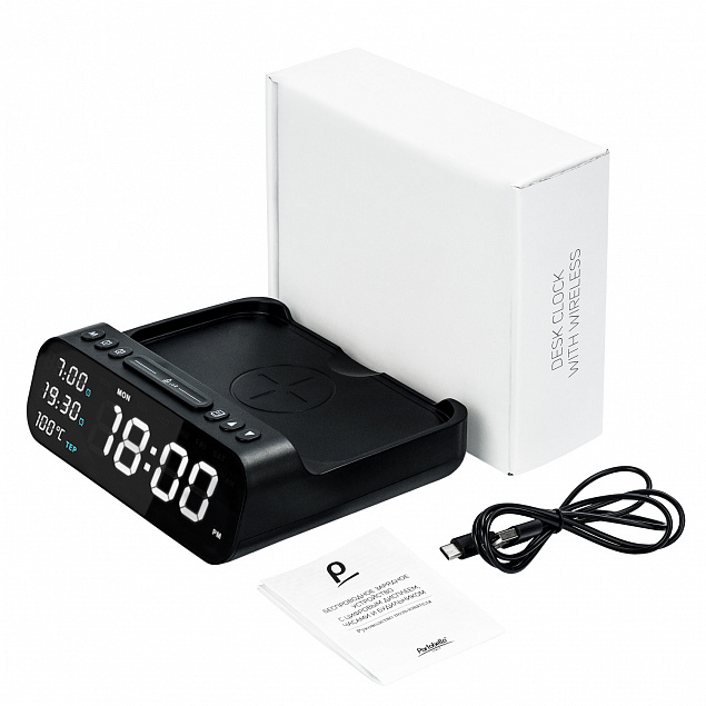 Настольные часы 6в1 с беспроводной зарядкой 10W, Orion, черный цвет с логотипом в Балашихе заказать по выгодной цене в кибермаркете AvroraStore