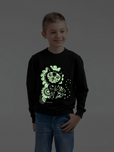 Свитшот детский Cat Muertos со светящимся принтом, черный с логотипом в Балашихе заказать по выгодной цене в кибермаркете AvroraStore