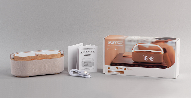 Bluetooth стерео-колонка "Smart Band" 10Вт (2х5Вт) с беспроводным (15W) ЗУ, лампой, часами, FM радио с логотипом в Балашихе заказать по выгодной цене в кибермаркете AvroraStore