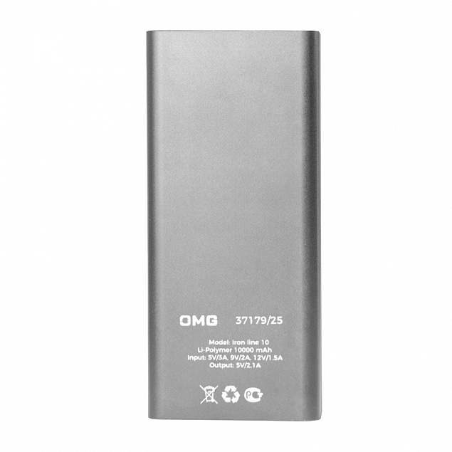 Универсальный аккумулятор OMG Iron line 10 (10000 мАч), металл, серебристый, 14,7х6.6х1,5 см с логотипом в Балашихе заказать по выгодной цене в кибермаркете AvroraStore