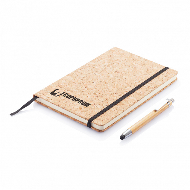 Блокнот Cork на резинке с бамбуковой ручкой-стилус, А5 с логотипом в Балашихе заказать по выгодной цене в кибермаркете AvroraStore