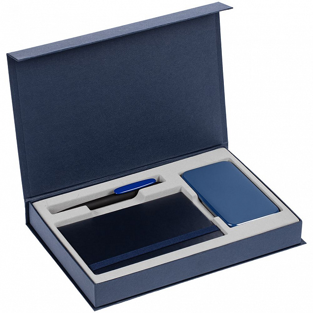 Коробка Silk с ложементом под ежедневник, аккумулятор и ручку, синяя с логотипом в Балашихе заказать по выгодной цене в кибермаркете AvroraStore
