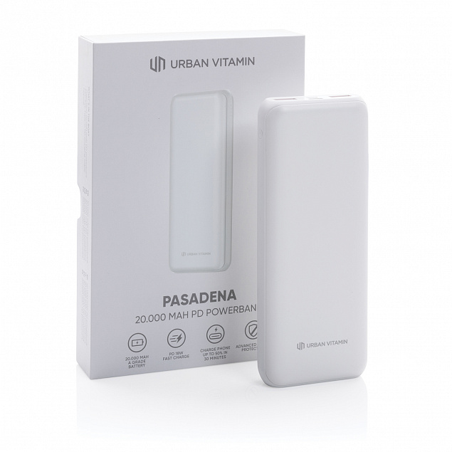 Внешний аккумулятор Urban Vitamin Pasadena с быстрой зарядкой PD, 18 Вт, 20000 мАч с логотипом в Балашихе заказать по выгодной цене в кибермаркете AvroraStore