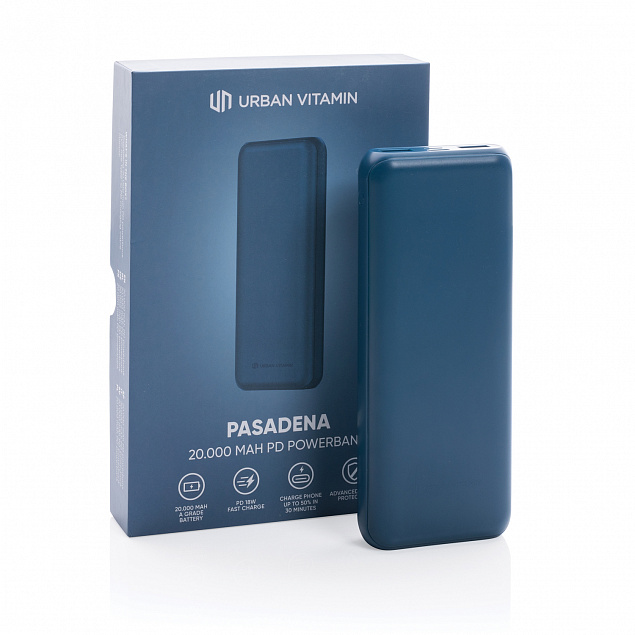 Внешний аккумулятор Urban Vitamin Pasadena с быстрой зарядкой PD, 18 Вт, 20000 мАч с логотипом в Балашихе заказать по выгодной цене в кибермаркете AvroraStore