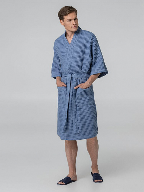 Халат вафельный мужской Boho Kimono, синий с логотипом в Балашихе заказать по выгодной цене в кибермаркете AvroraStore