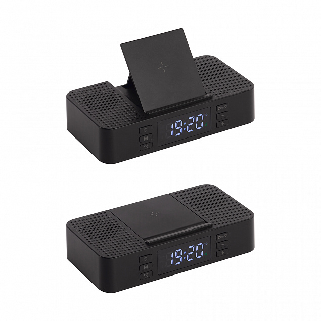 Настольные часы "Smart Box" с bluetooth колонкой (2х3Вт), беспроводным (15W) зарядным устройством и складной подставкой под смартфон с логотипом в Балашихе заказать по выгодной цене в кибермаркете AvroraStore