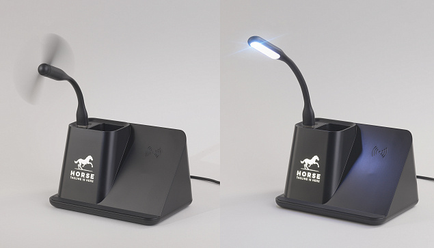 Карандашница "Black Star" с беспроводным (10W) зарядным устройством, вентилятором и лампой, с подсветкой логотипа с логотипом в Балашихе заказать по выгодной цене в кибермаркете AvroraStore