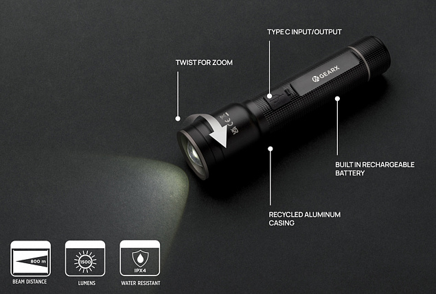 Мощный фонарь Gear X из переработанного алюминия RCS с аккумулятором, 10 Вт с логотипом в Балашихе заказать по выгодной цене в кибермаркете AvroraStore