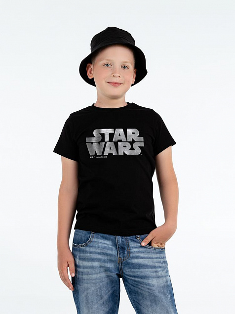 Футболка детская Star Wars Silver, черная с серебристым с логотипом в Балашихе заказать по выгодной цене в кибермаркете AvroraStore